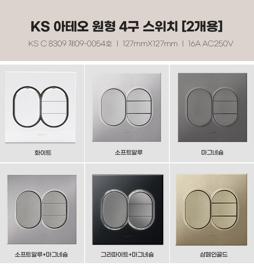 르그랑 KS 아테오 원형 4구 스위치 (2개용) 화이트 인테리어스위치 스위치교체 국내용 : 비스로바
