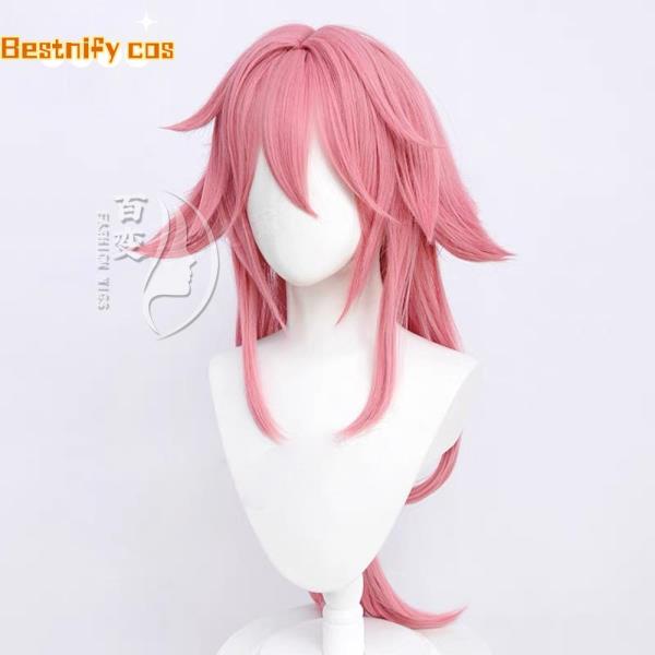 모조 두피 야에 미코 코스프레 가발, 원신 임팩트 핑크 내열성 헤어 파티 여성 + : 힘센농부