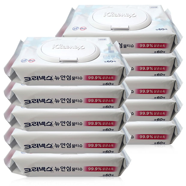 크리넥스 안심 물티슈 항균 99.9% 살균 소독 캡형 60매, 10개 : 티슈랜드