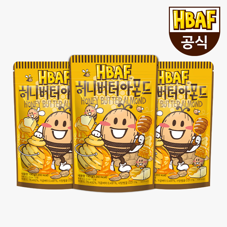 HBAF 바프 시즈닝 아몬드 190g X 3봉 세트 허니버터 아몬드, 190g, 3개 : HBAF