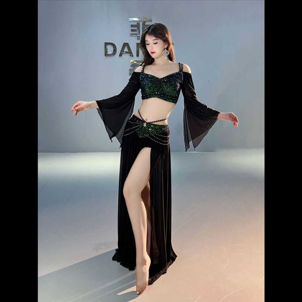 벨리댄스의상 상의 밸리댄스복 오프숄더 드레스 스커트 블랙 컬러 그린 (탑+스커트) M-XL 사이즈 배송메모에 기재 : 트리니티0920