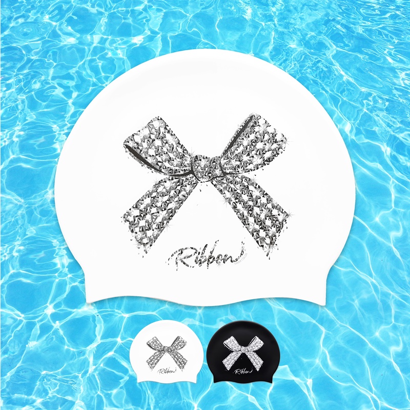 은빛 리본 디자인 제작수모 블링한 크리스탈 리본 수영모자 일러스팅수모 : SWIM COLOR
