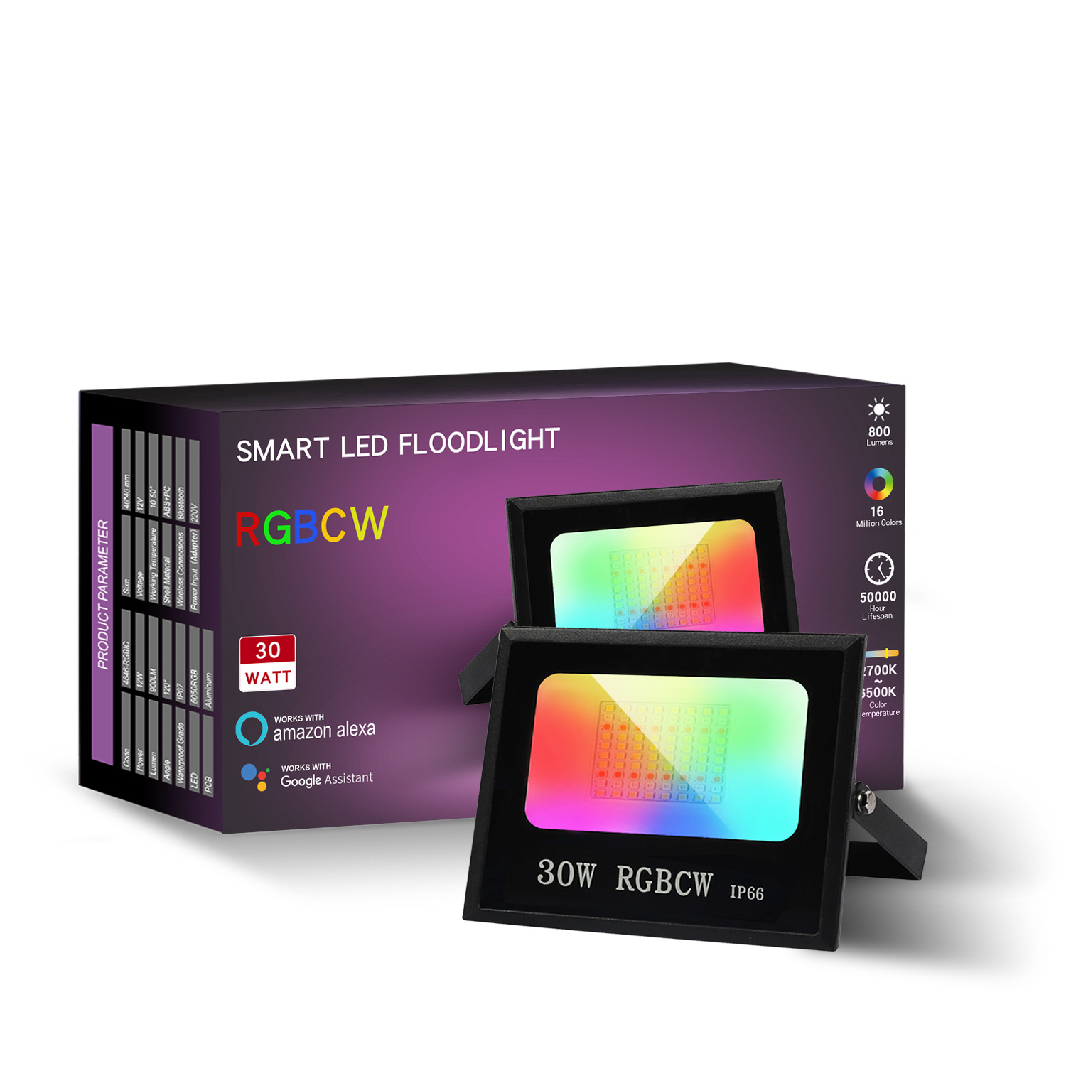 TUYA Wifi/블루투스 RGBCW 컬러  LED 투광등 와이드 스마트 조명 리모콘 7컬러 LED 투광 : 퍼플 피시테일 종합 직구