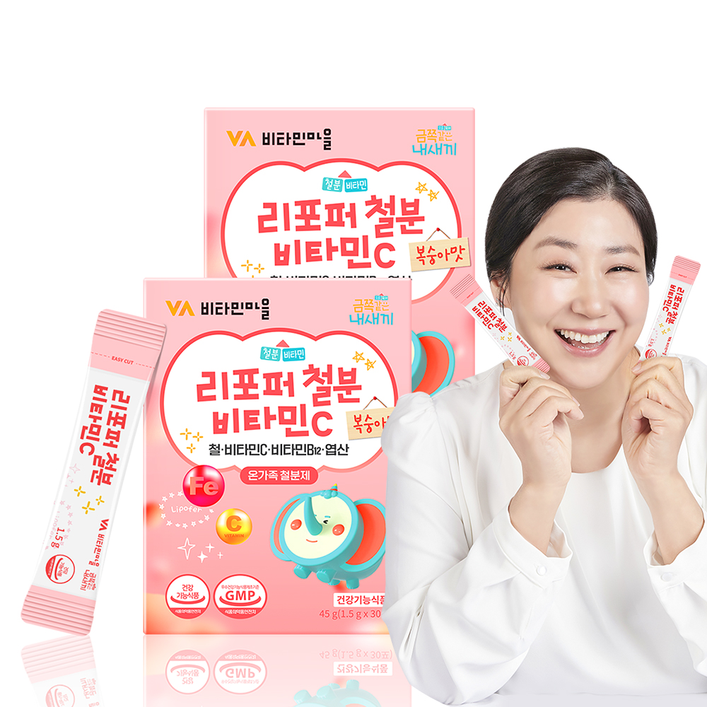 비타민마을 금쪽같은 내새끼 리포퍼 철분 비타민C 복숭아맛 온가족 어린이 임산부 철분제 30포, 2개 : 비타민마을
