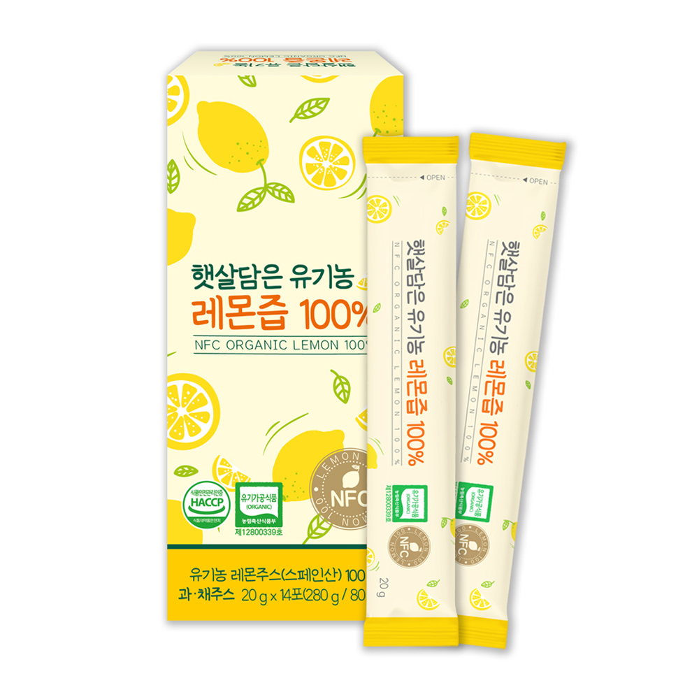 NFC착즙 100% 유기농 레몬즙 레몬수 100% 햇살담은 유기농 레몬즙 3박스 (20g / 총42포) : 씨에이치엔