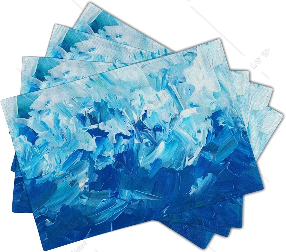 블루 및 화이트 웨이브 사계절 범용 테이블 매트 내열성 아마 플레이스매트 식탁 장식 4 개 세트 BLUE AND WHITE WAVES 12X18 INCH... 