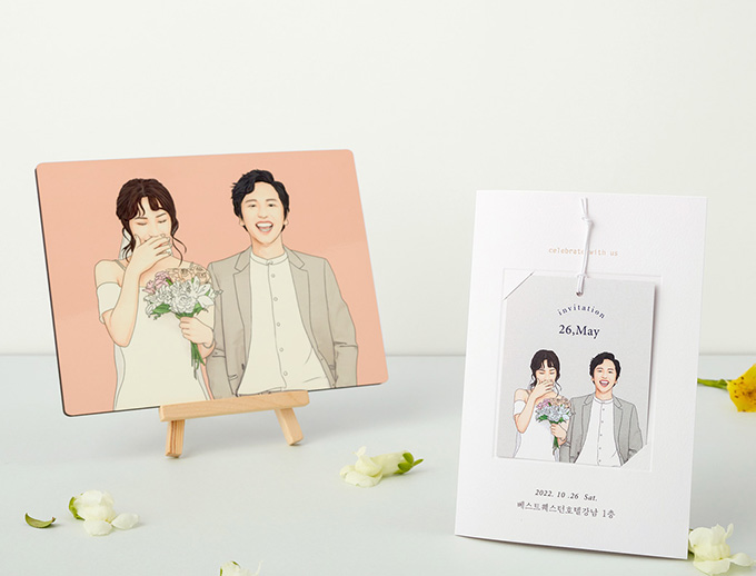3단 세로형 청첩장 커스텀 팝아트 손그림 포토 소량인쇄 제작 CM5056(1set)50매 : 카드마켓