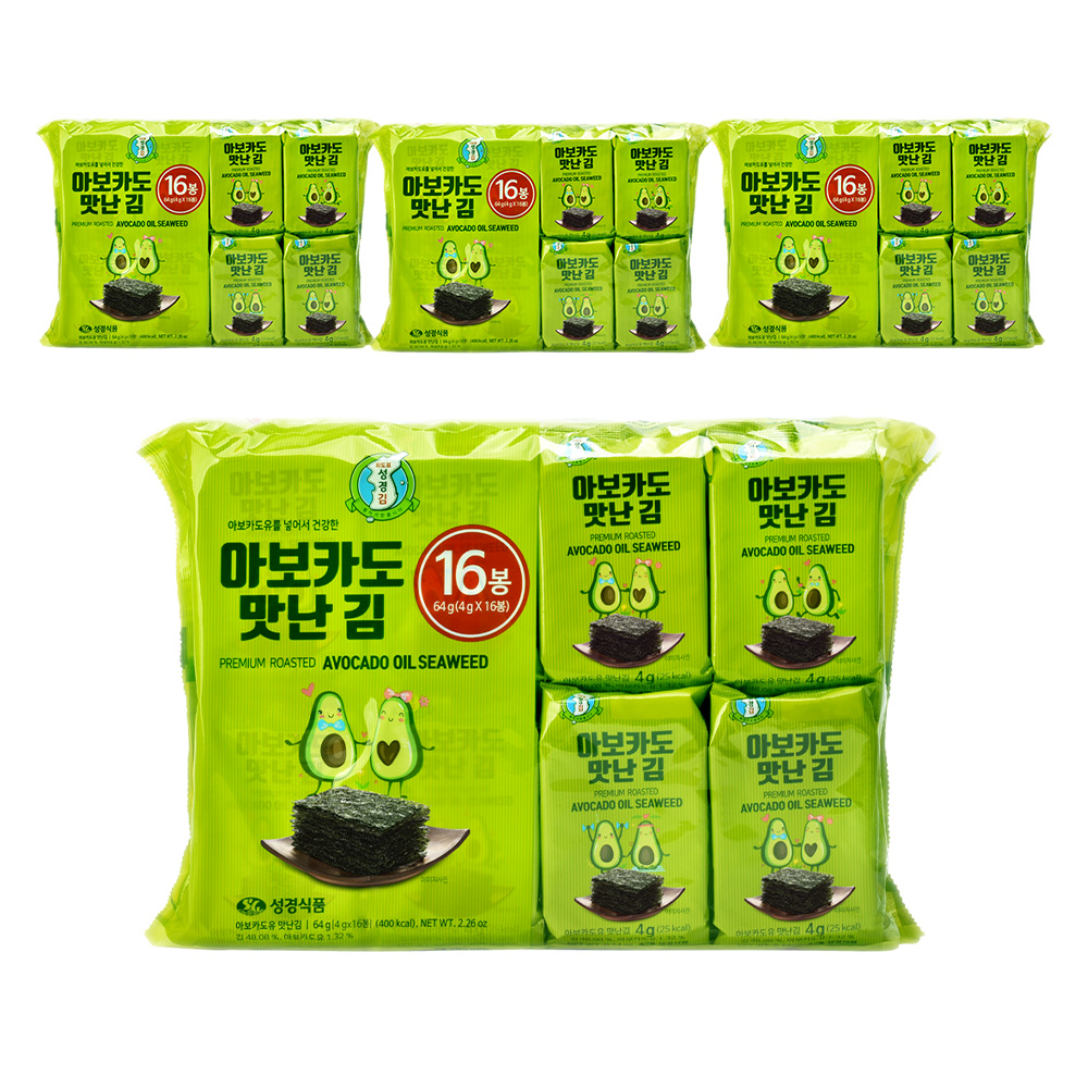 [성경김본사] 아보카도 도시락김 4g x 16봉 64g, 4개 : 주식회사 성경식품