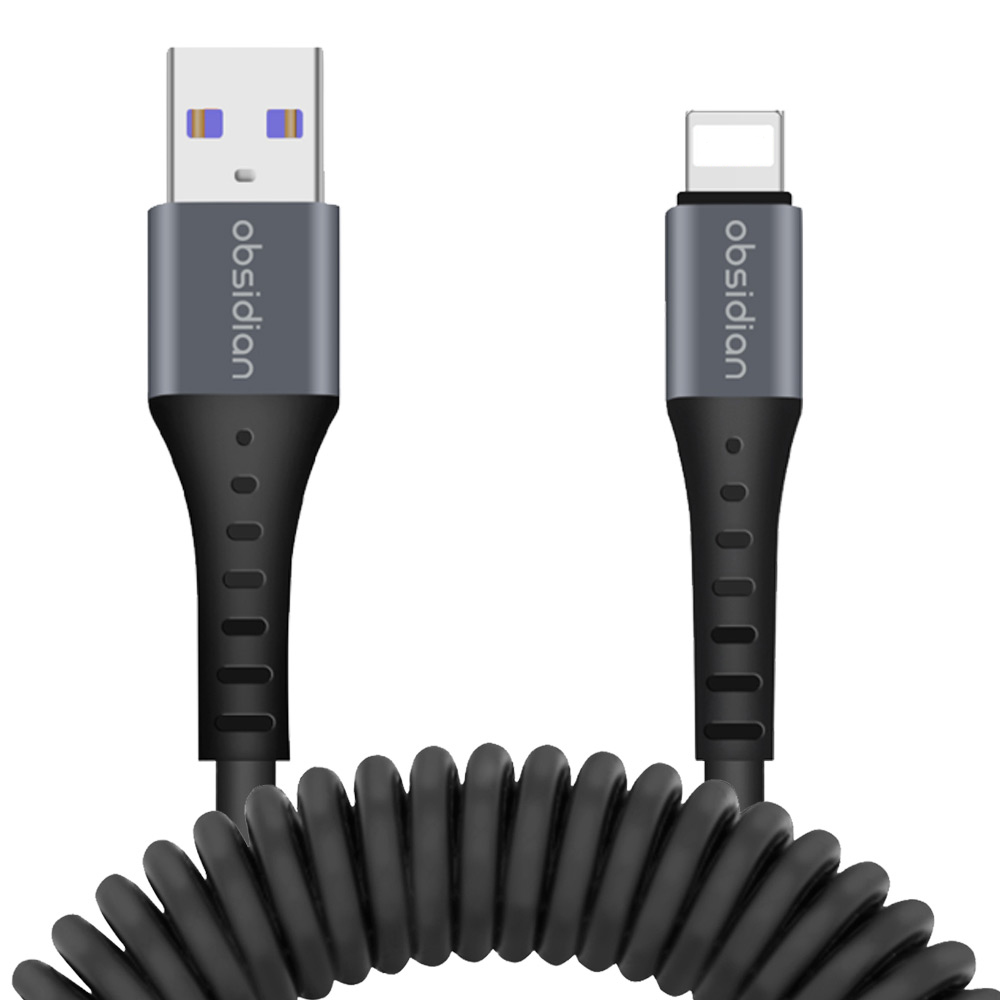 차량용 USB C타입 라이트닝 핸드폰 스프링 코일 케이블 3A 고속 충전 : 옵시디언