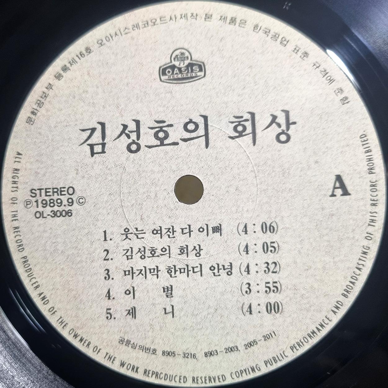 김성호 LP 초반 - 김성호의 회상 / 웃는 여잔 다 이뻐 [ 1989년 오아시스 초반 VINYL ] EX 깨끗합니다 가사지 : 아날로그스토어