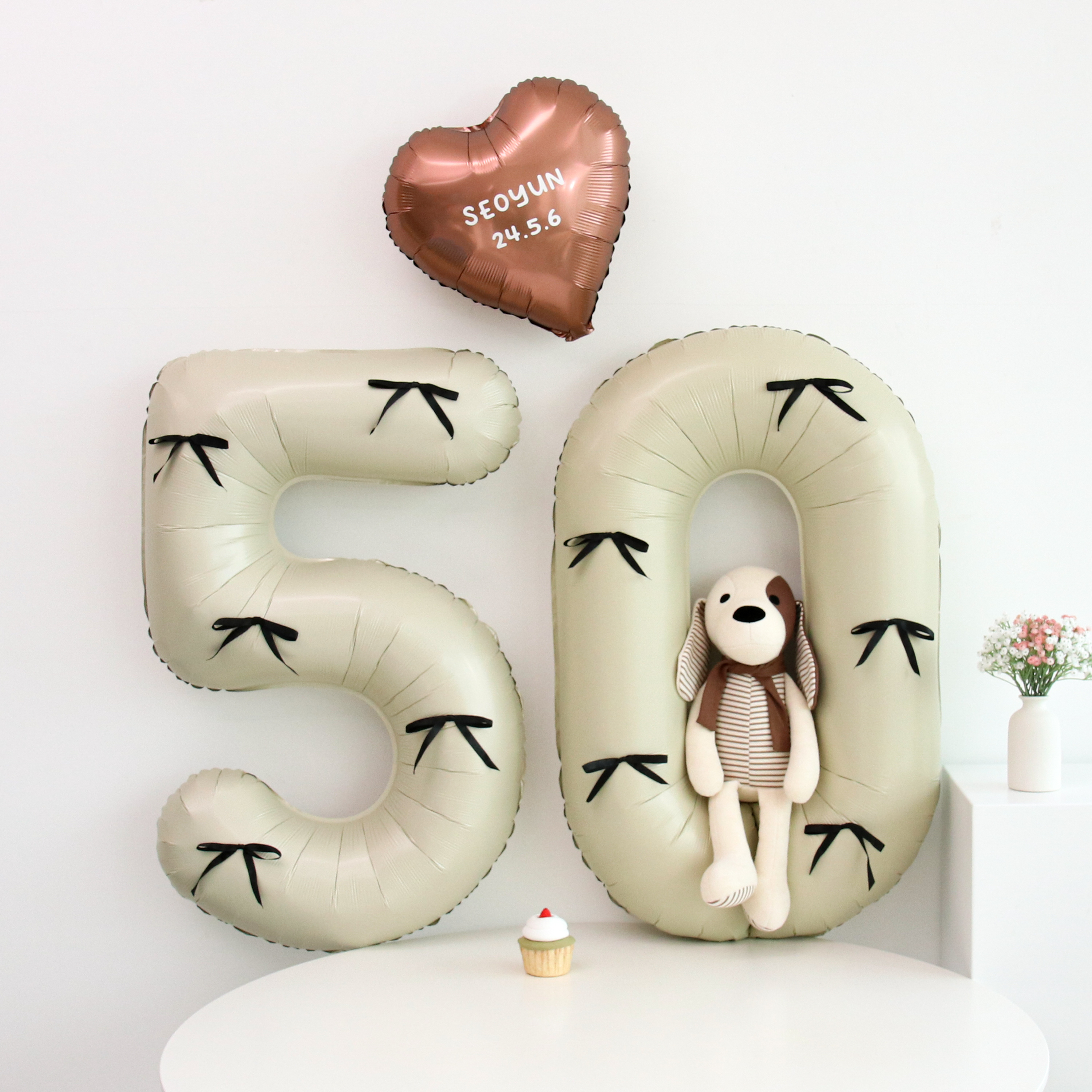 50일 셀프 촬영 풍선 세트 (이름 레터링 포함 귀여운 글씨체) 블랙핑크 리본세트 : 이벤트홀릭
