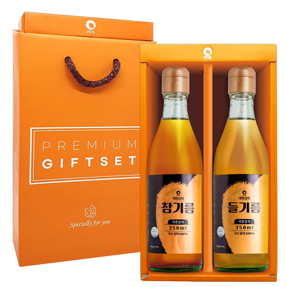 50년전통 대현상회 저온압착 국산 참기름 들기름 선물세트 350ml x 2병 / 방앗간 : 대현상회 방앗간