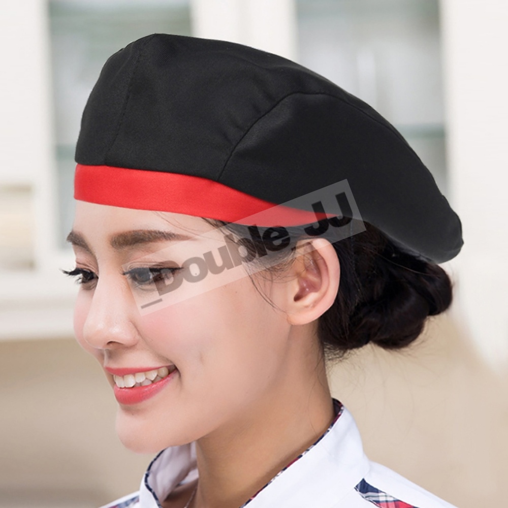 DJ 베레모 주방모자 (블랙+레드) 주방 셰프 위생모 모자 식당 : 더블 제이제이
