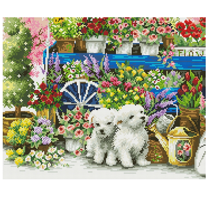 보석십자수 3D꽃집의 강아지  판넬액자 원형큐빅 40x50cm   ㅂ-ㅋ : 꼬맹이네십자수