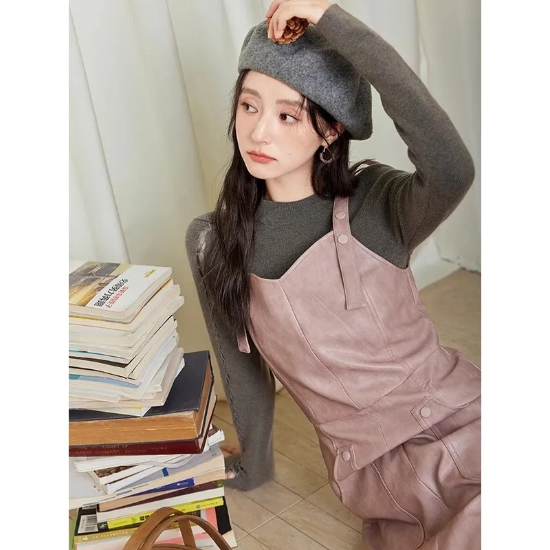여성  신상 민소매 가죽 원피스 사무실 가을 겨울 PU 멜빵 스커트 XCC0116Qb6 : 유한회사 럭키키트레이딩