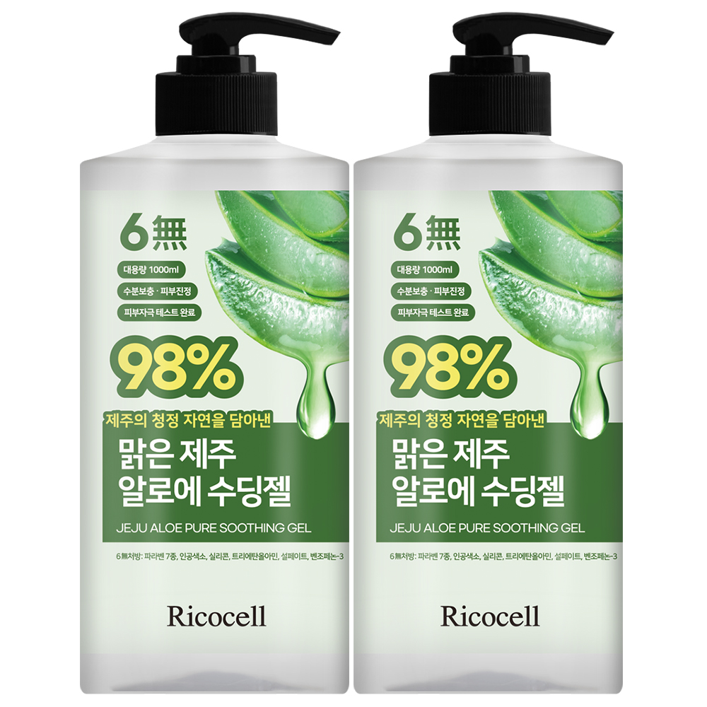 리코셀 저자극 맑은 제주 알로에 98% 수딩젤 진정+수분 케어 1000ml, 2개 : 리코셀 RICOCELL