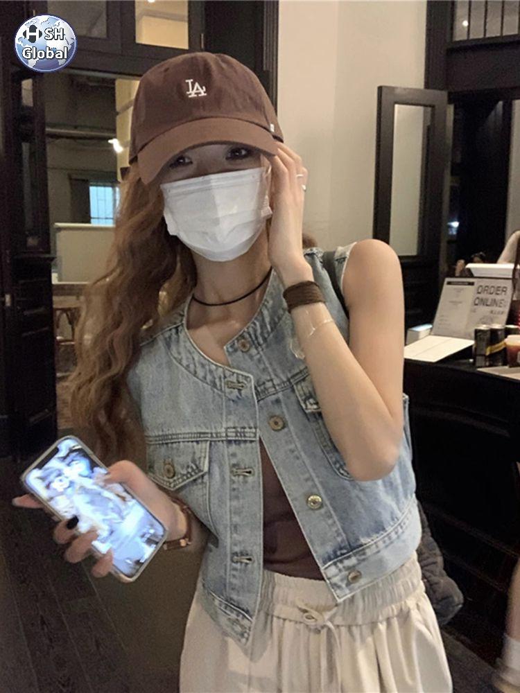 데님  조끼 캐주얼 민소매 빈티지 청자켓 노카라,L,데님 쇼트 : 에스에이치글로벌5411