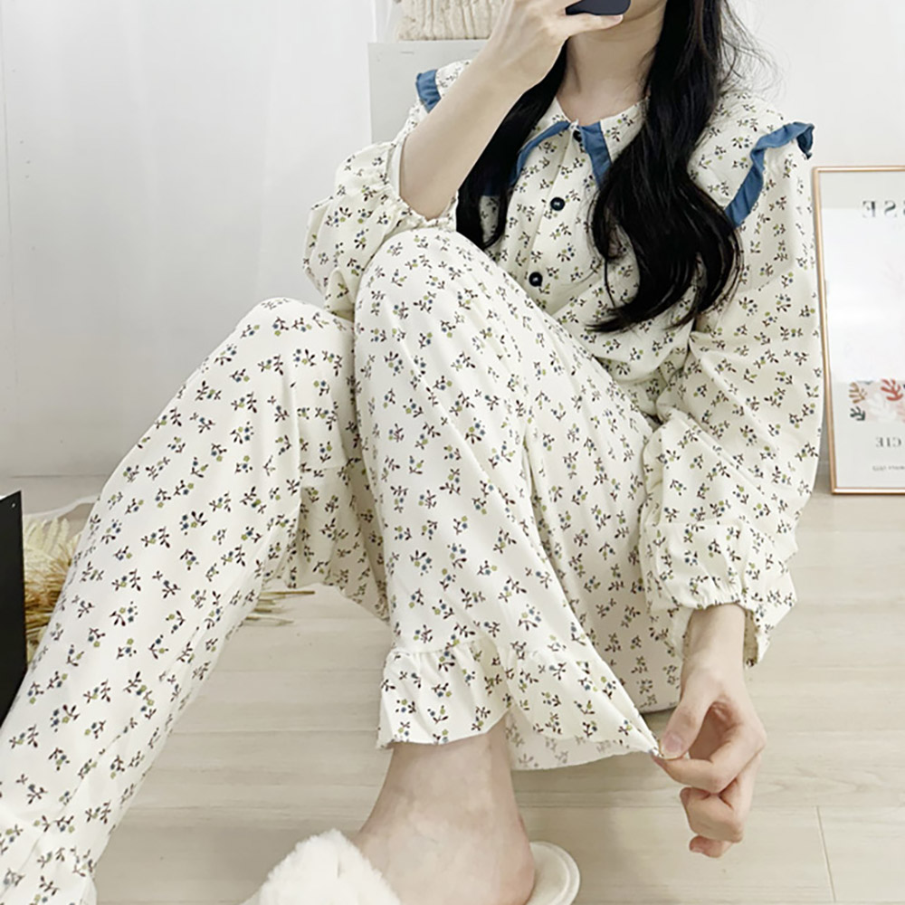 아르미 플라워 빅카라 프릴 여성 학생 봄 가을 긴팔 파자마 잠옷 세트 : 쪼꼬마미