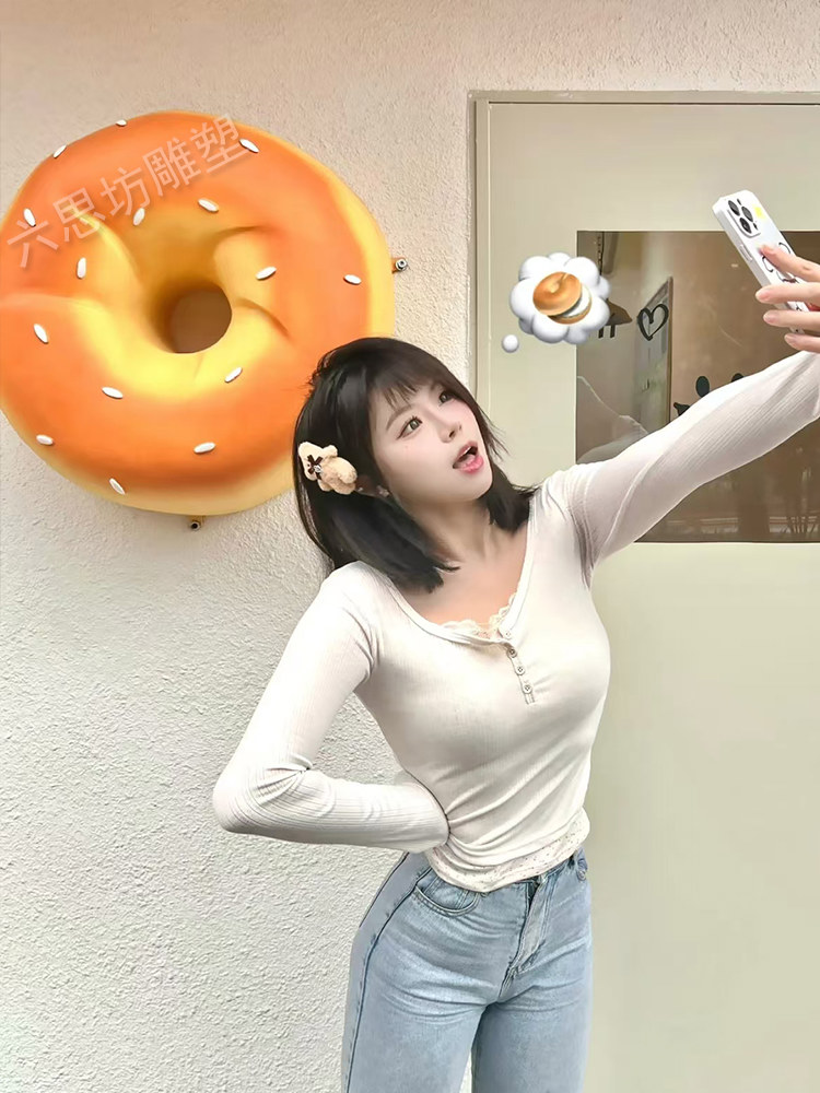 퓨어제이드스톤 간판 빵모형 조형물 모형 빵집 상점 음식 브레드 디저트 대형사이즈 베이글 시뮬레이션 45cm 베이직 패턴 화이트 : 박투글로벌