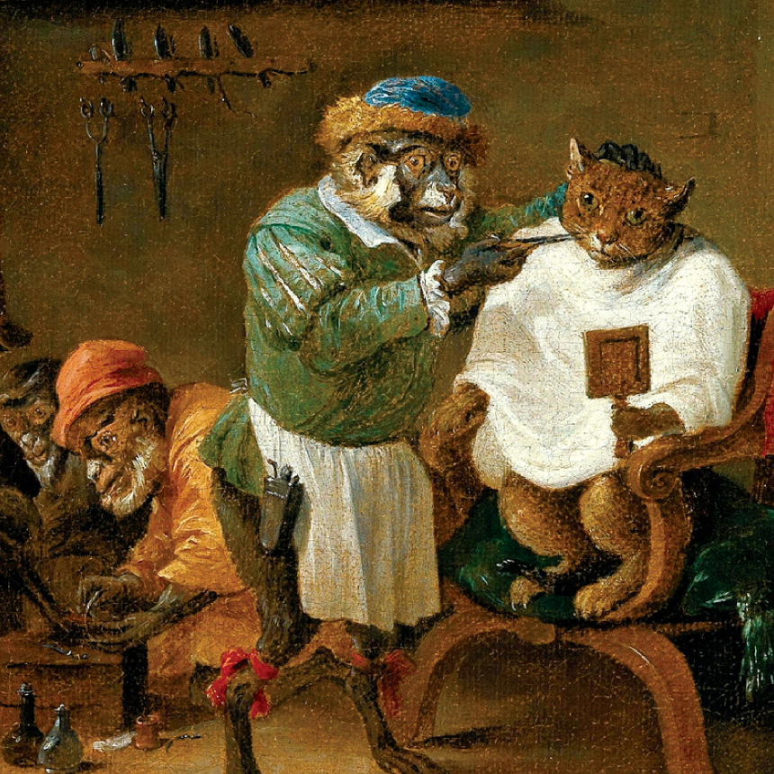 명화 케이스 2864 A cat in a barber shop, run by monkeys Abraham Teniers 원숭이들이 운영하는 이발소의 고양이 아이폰XS하드... 