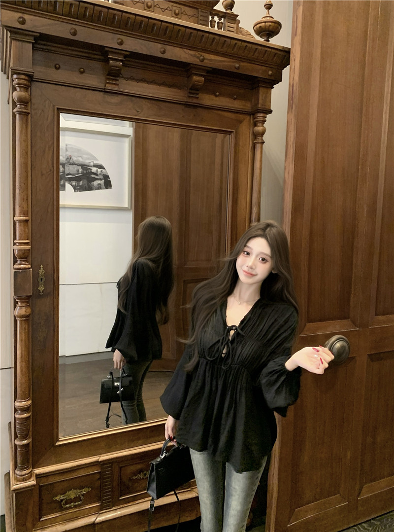 스트링 주름 블라우스 아이보리 화이트 블랙 셔링 주름 끈타이 브이넥 롱 블라우스 : 데이하니