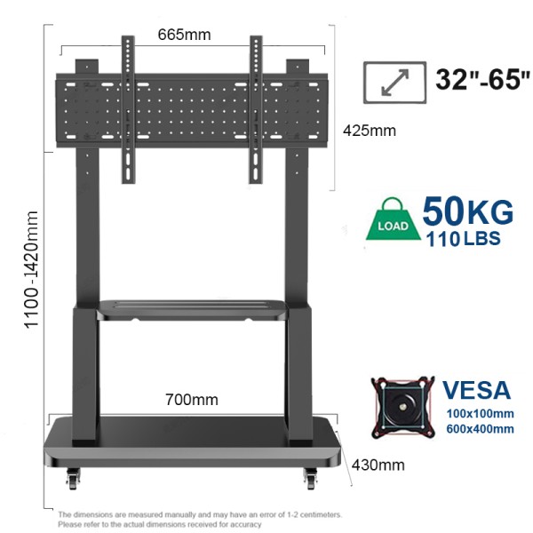 틸트 TV 카트 모바일 스탠드 보관 선반이  휴대 롤링 플로어 VESA 32-65 인치 최대 110Lbs  600x400mm : 케이에스92