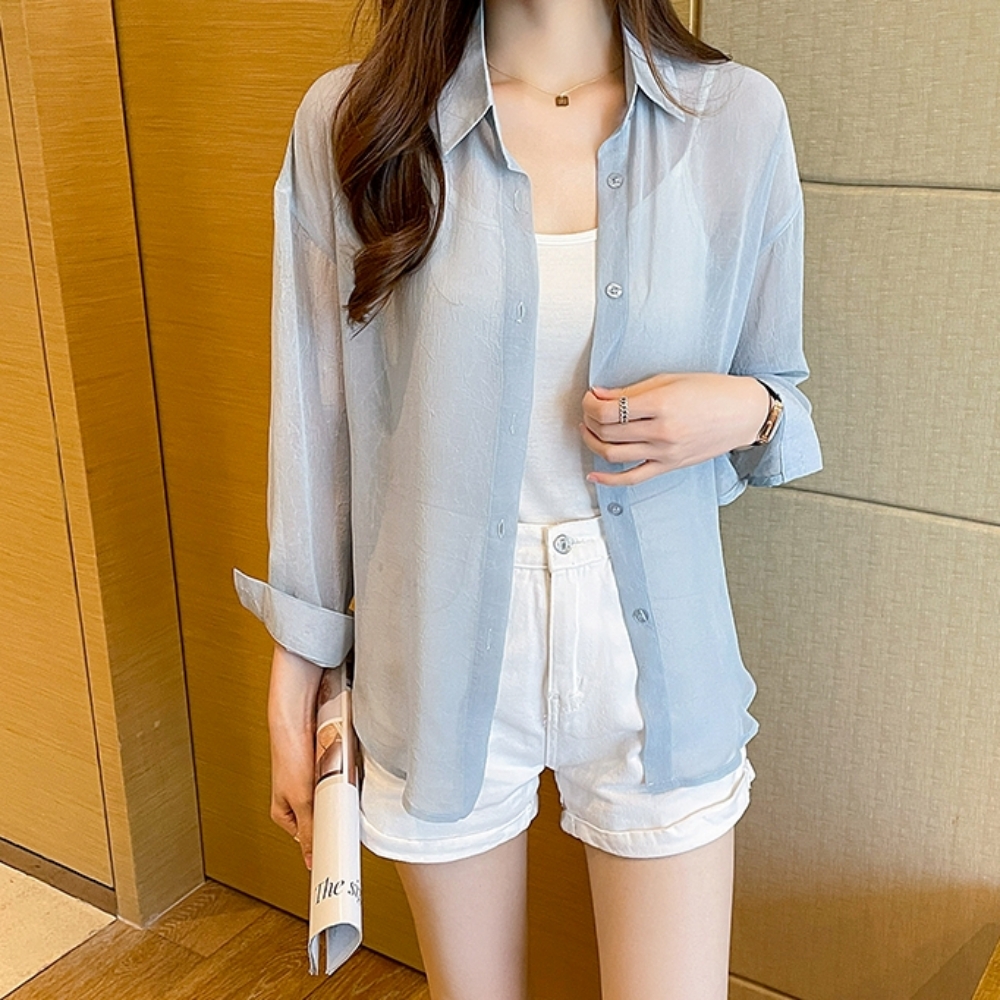 시스루 거즈면 아사 박시 베이직 루즈핏 무지 카라 린넨 셔츠 남방 : 피제이Home