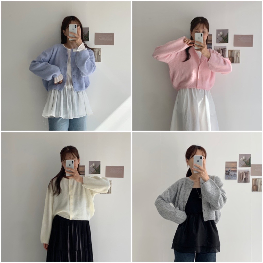 벌룬소매 크롭 니트가디건 라운드넥 오버 루즈핏 러블리 봄 가디건 빅사이즈 마망무드 : 마망무드