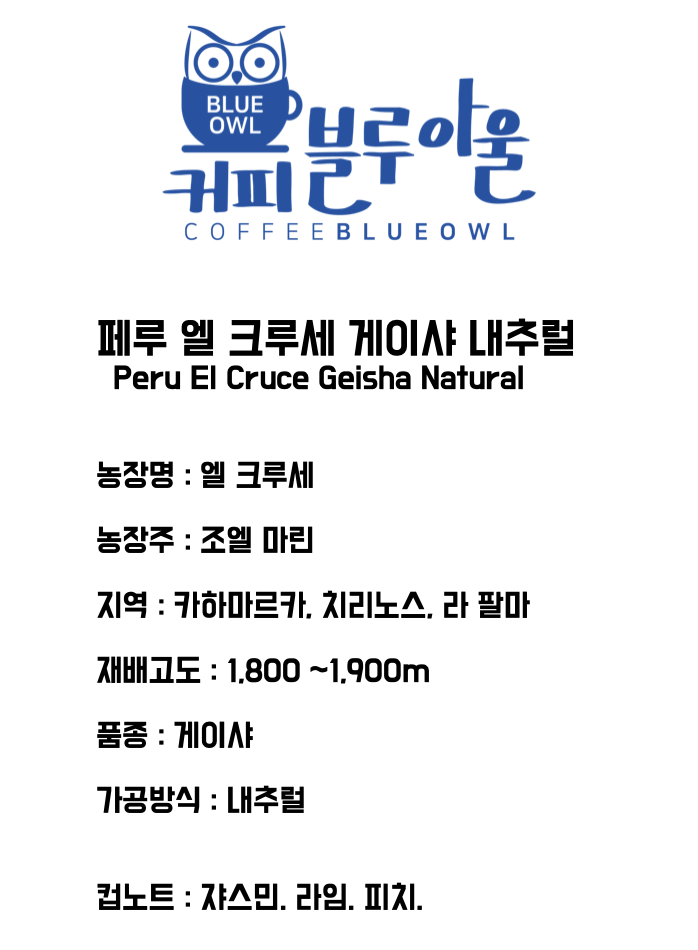 커피블루아울 페루 엘 크루세 게이샤 내추럴 원두커피 200g : 커피블루아울