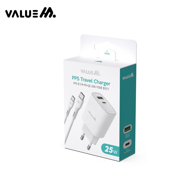 VALUEM 밸류엠 최대 25W PD PPS C+USB 2포트 가정용 고속 충전기 어댑터 / CtoC 1.2m 케이블 포함 : 티제이컴퍼니