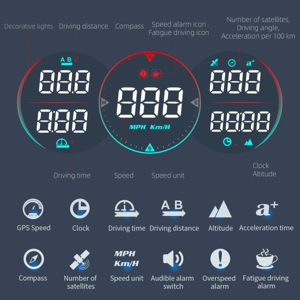 디지털 GPS 속도계  자동차 LCD 헤드업 디스플레이, HUD 나침반 과속 경보 고도용, 속도 MPH/KM/H, G17 : 1초배송몰