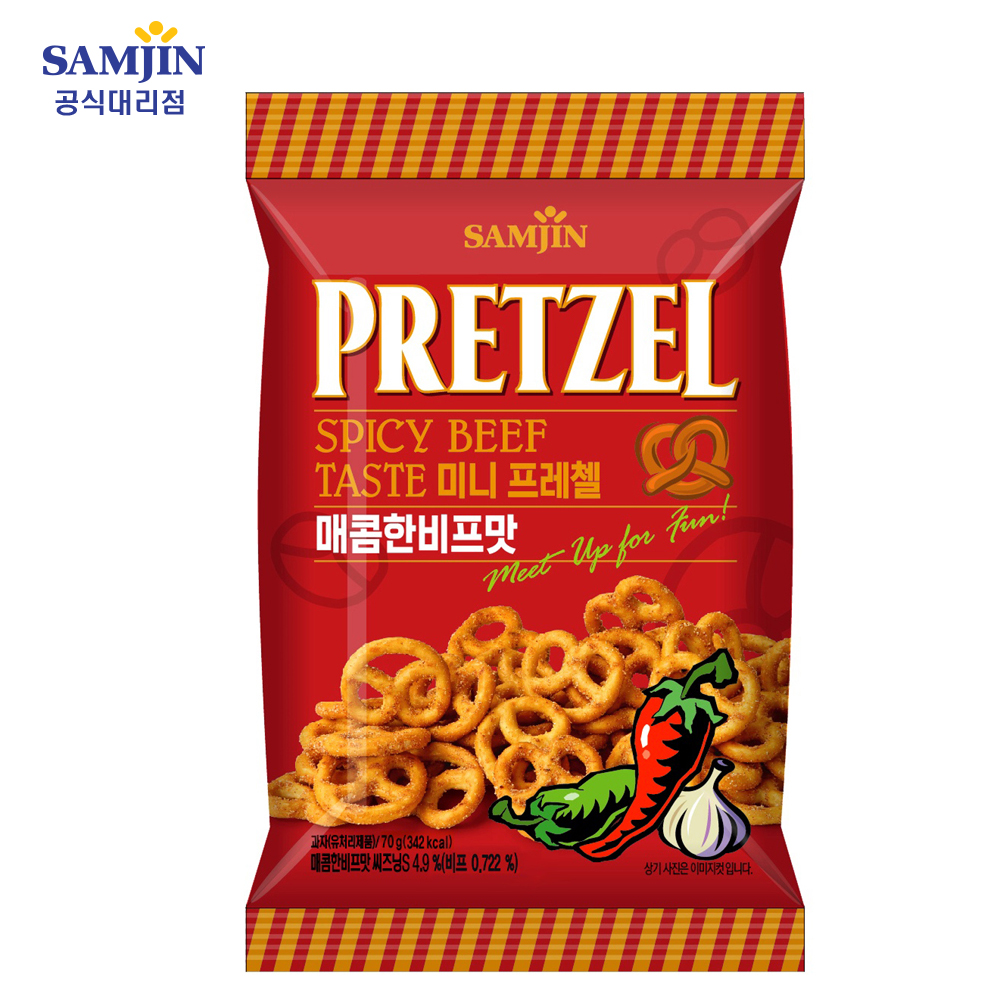 삼진 미니프레첼 작은봉지 소용량 골라먹는재미 6가지맛 매콤한비프, 70g, 10개 : 파파스낵