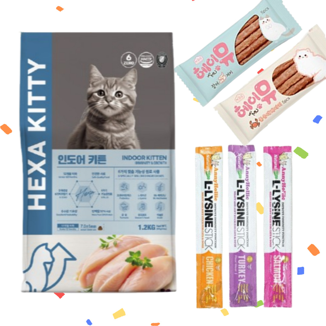 헥사키티 고양이 기능성사료 + 엘라이신스틱1p + 헤이뮤져키1p 인도어+키튼, 1.2kg, 1개 : 라임펫