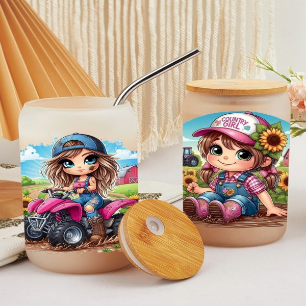 농장 소녀 3D UV DTF 전송 스티커 유리 리비컵 랩 다리미 16oz D14474 : 호원테크