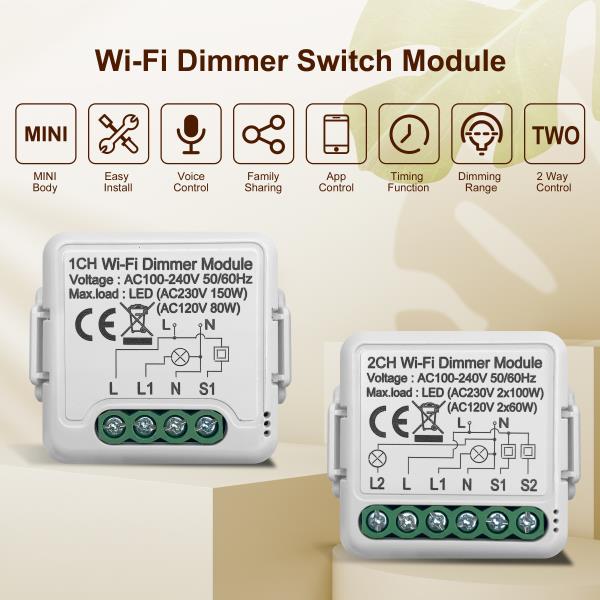 GIRIER Tuya Wifi 스마트 조광기 스위치 모듈 10A 지원 2 웨이 제어 디밍 가능 조명 Gang Alexa Google 홈으로 작동 : 하루코퍼레이션3