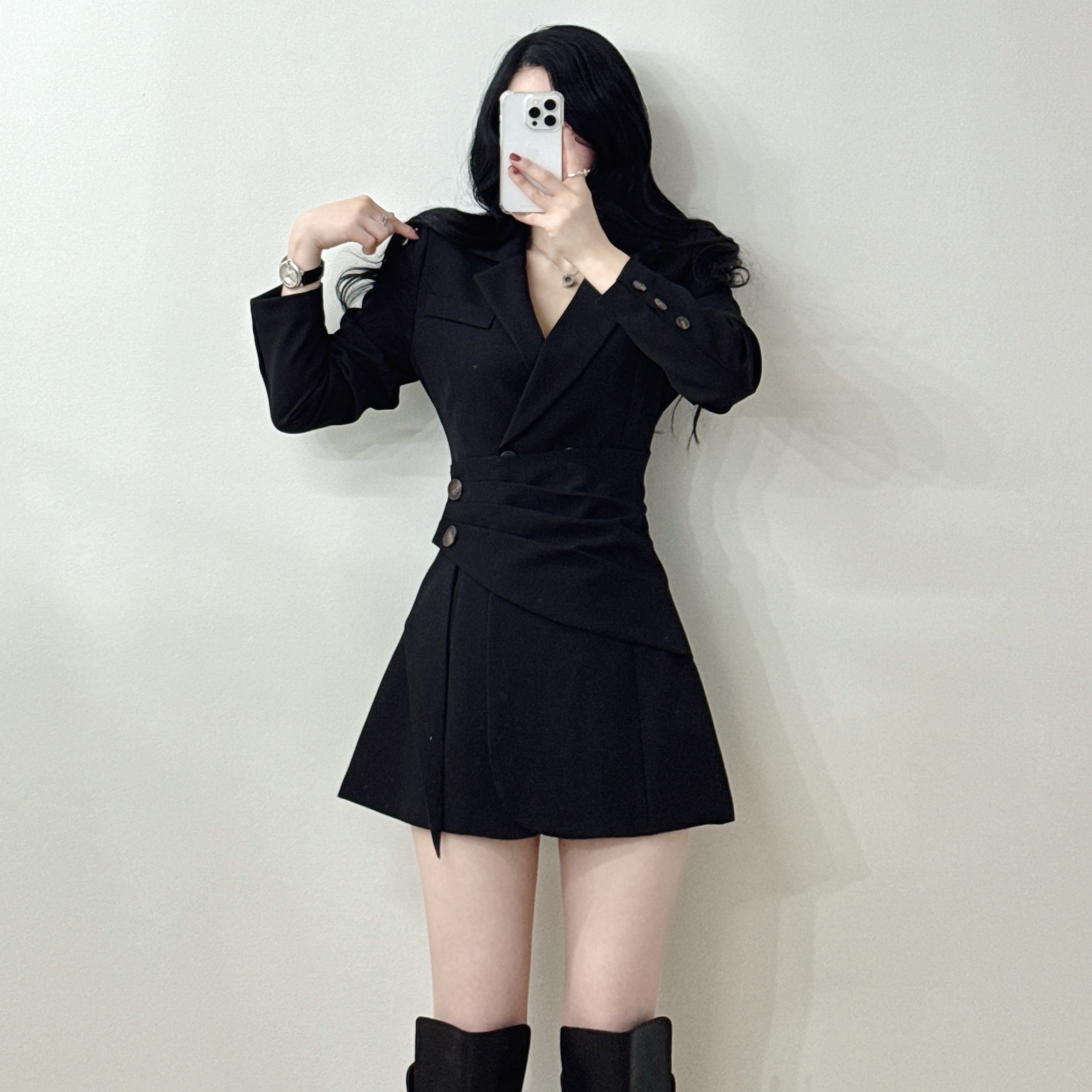 여자 [하객룩/하체커버] 봄   더듀 버튼 랩 카라 미니 자켓 원피스 : 디얼 제이
