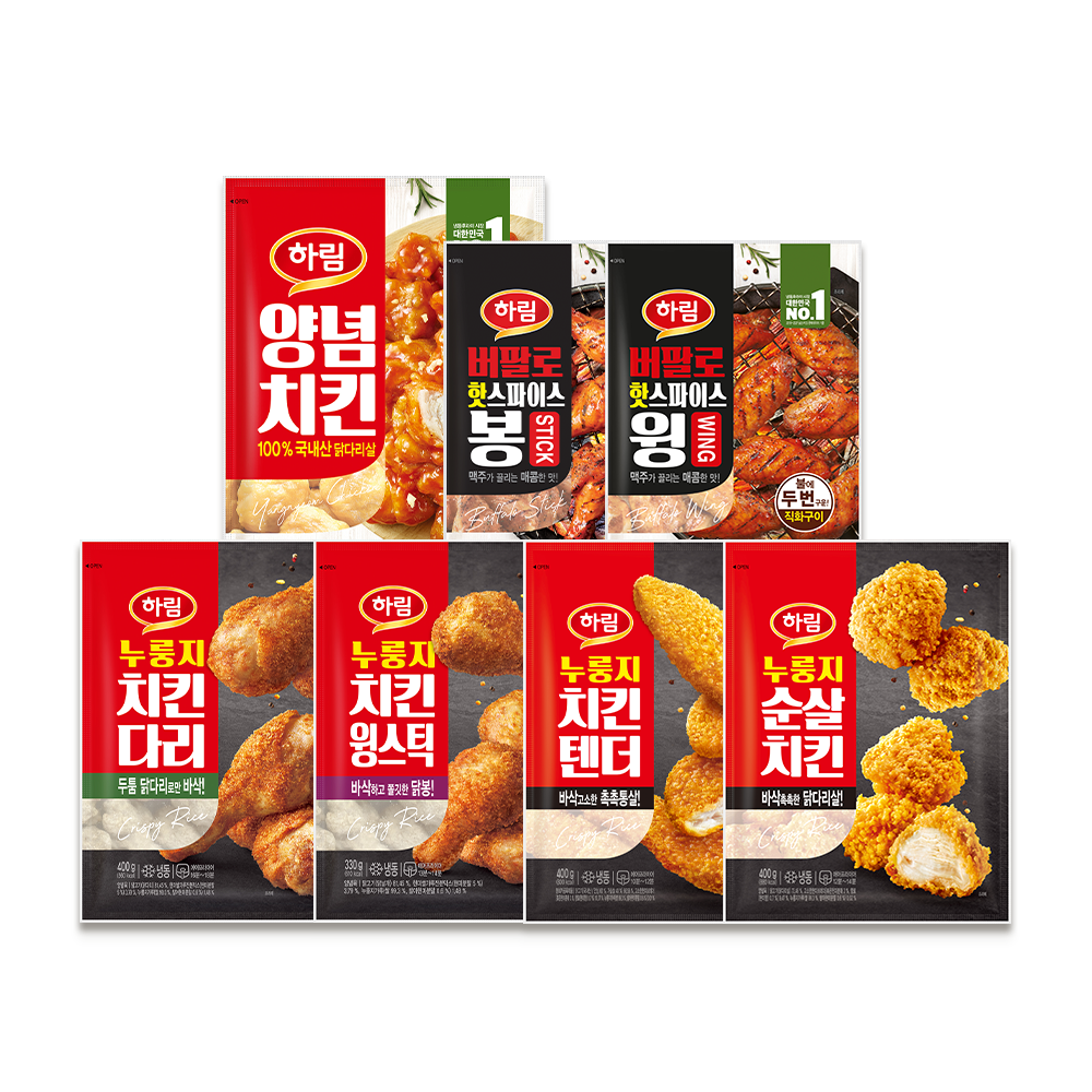 하림 누룽지 치킨 외 6종 2팩(누룽지치킨, 누룽지 치킨다리, 양념치킨, 버팔로윙봉) : 주식회사 하림