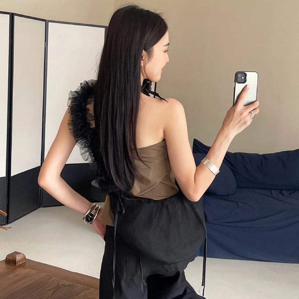 루시루루 시스루 러블리 프릴 셔링 미니백 Y2K 키치 발레코어 숄더 크로스 호보백 : 루시루루