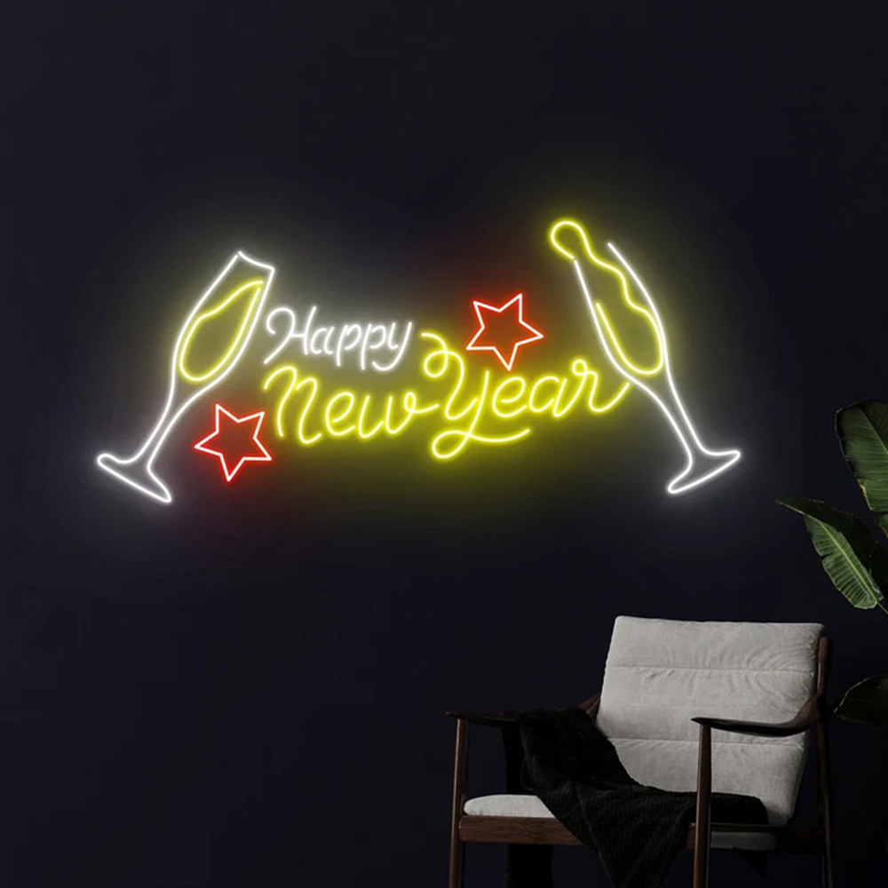 해피 뉴 이어 네온 사인, 해피 뉴 이어 Led 사인, 샴페인 응원 네온 조명, 크리스마스 Led 조명, 휴일 축하 방 장식 : 더블유파트너스P