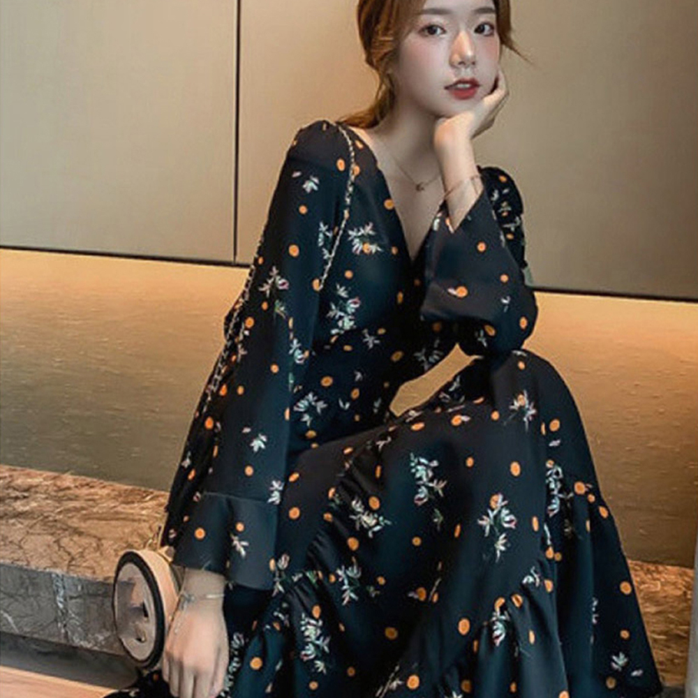 [엔터]화사한 플라워 패턴 디자인 원피스 여리여리 브이넥 하늘하늘 여성스러운 롤 원피스 : 엔마켓57
