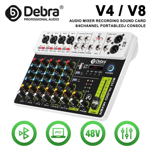 Debra V4/V8 오디오 인터페이스 믹서(Bluetooth 5.0 포함) USB 48V 팬텀 파워 DJ 믹서(PC 녹음 지연 재생 효과용) : 여기다이쓰요몰