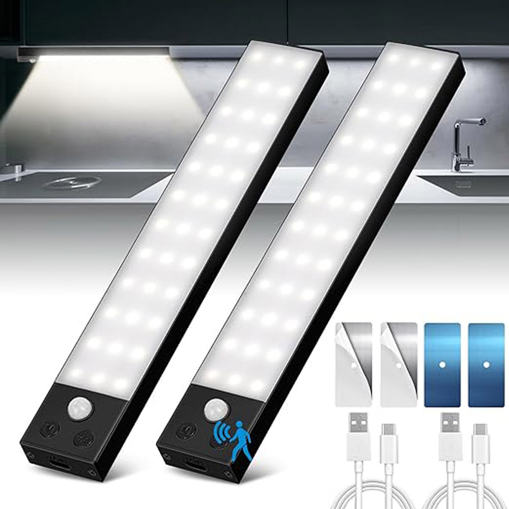 초박형 휴대용 LED 바 조명 모션 센서 USB C 타입 야간 주방 캐비닛 침실 옷장용 2pcs : 디엠로지스포