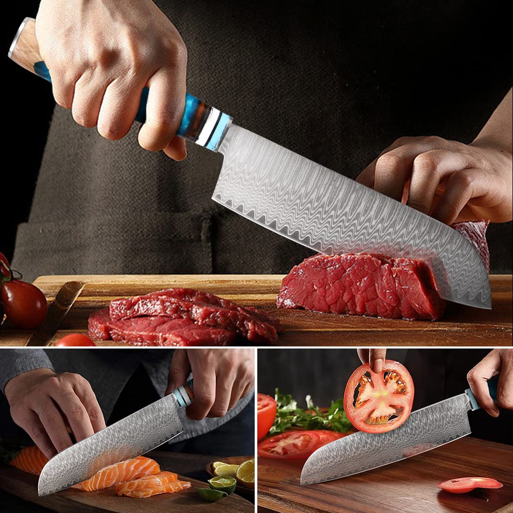 kyushublade 175mm, 67 + 산토쿠 식칼 다마스쿠스 식칼 칼날 주방용 다목적 요리사 나이프, 양날 칼 요리 : 와쿠와쿠팔레트