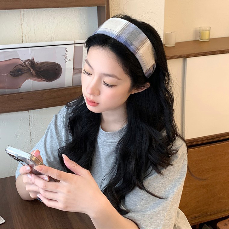 체크 면 와이드 헤어밴드 머리띠 : 메종브릴란테