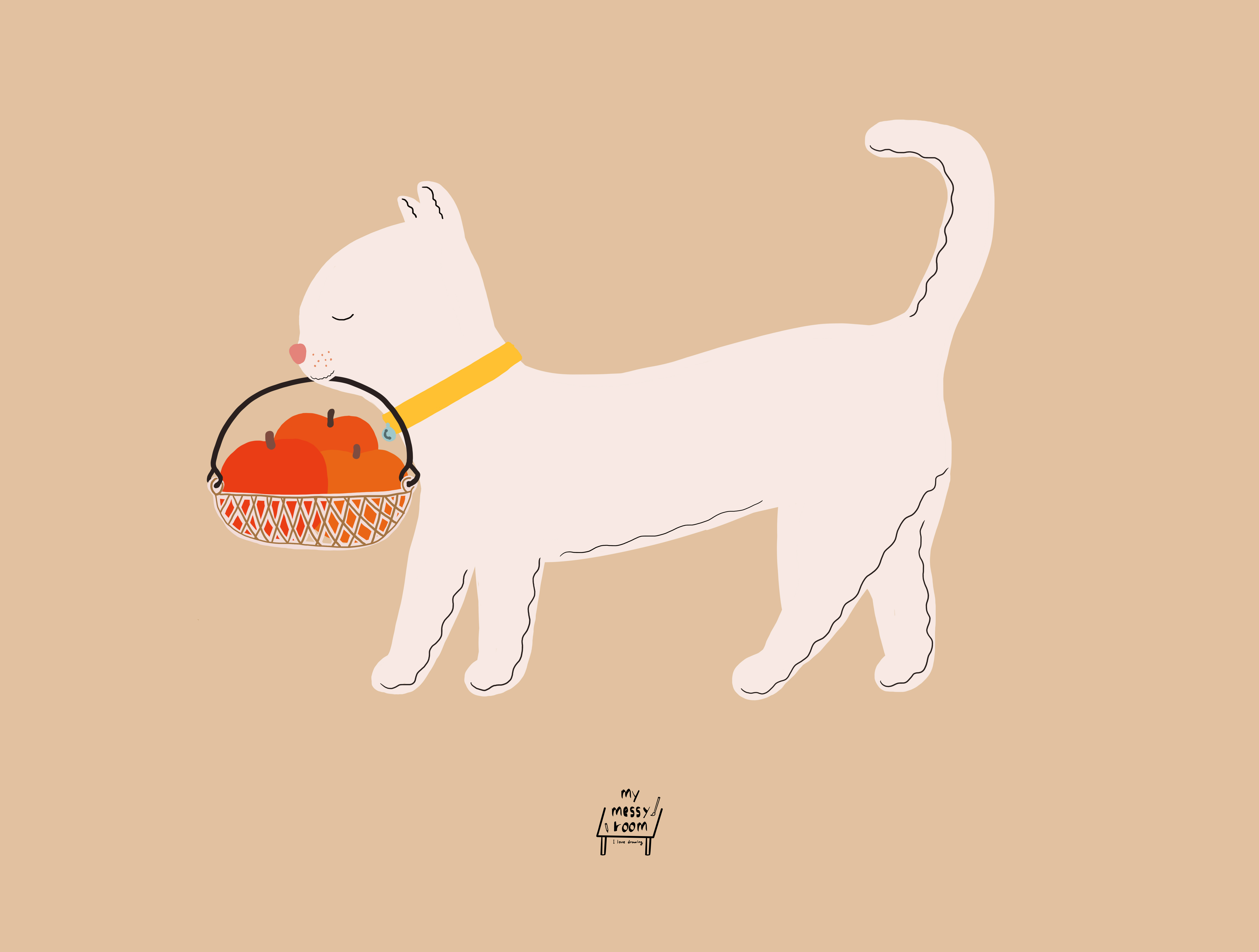 Sweet Delivery 인테리어 일러스트 액자 297x420mm, 고양이와 사과 : 마이메시룸