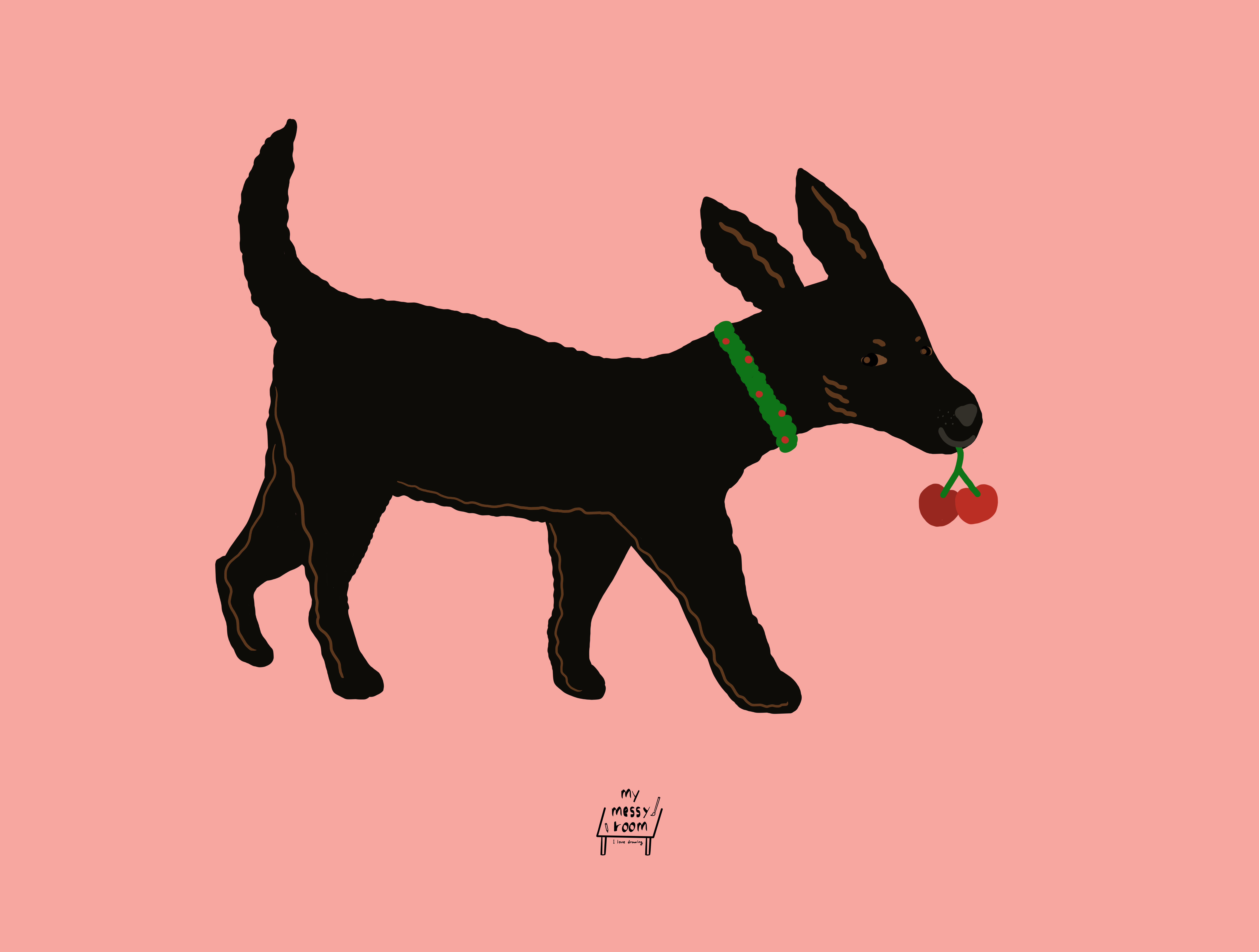 Sweet Delivery 인테리어 일러스트 액자 297x420mm, 검정개와 체리 : 마이메시룸