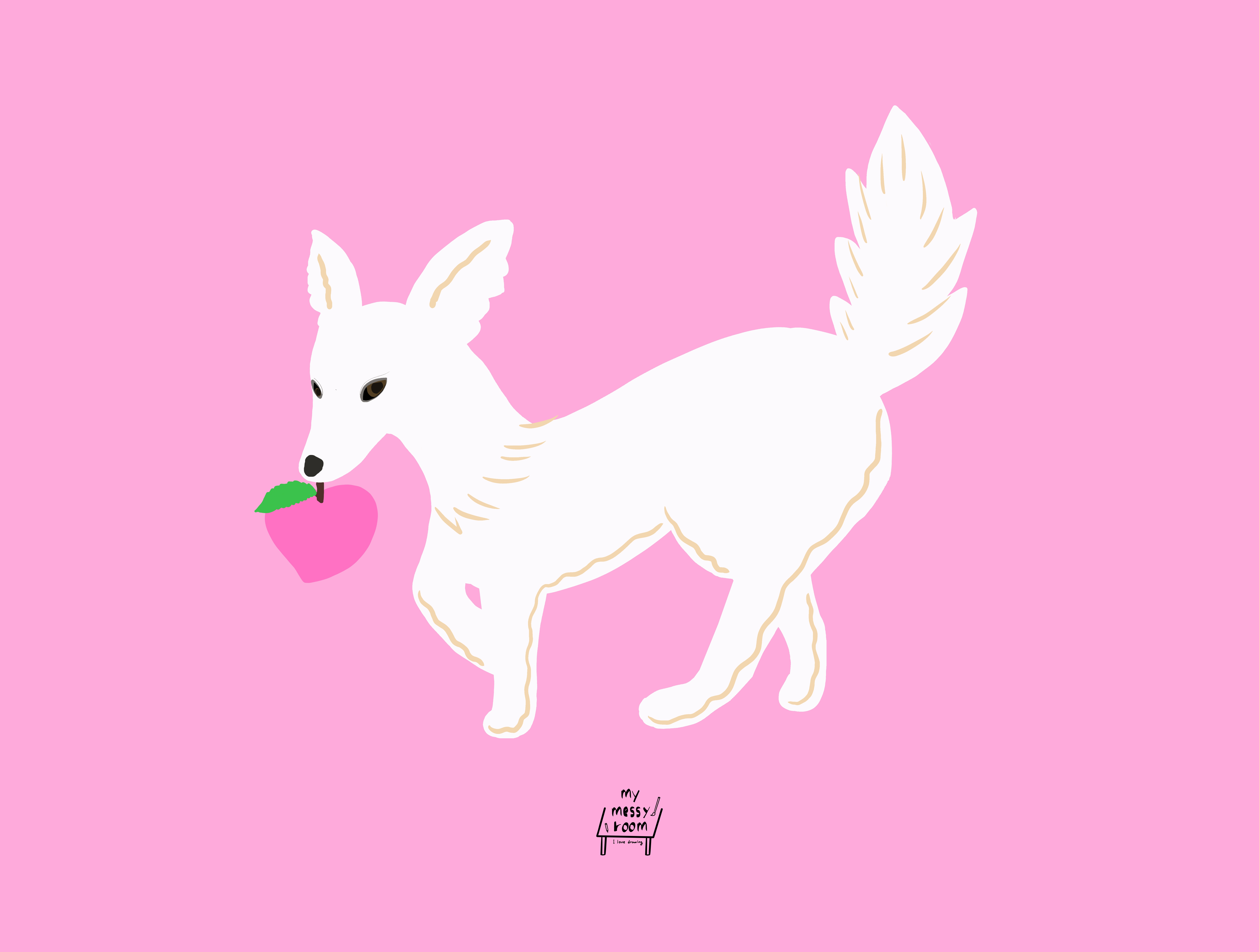 Sweet Delivery 인테리어 일러스트 액자 297x420mm, 북극여우와 복숭아 : 마이메시룸