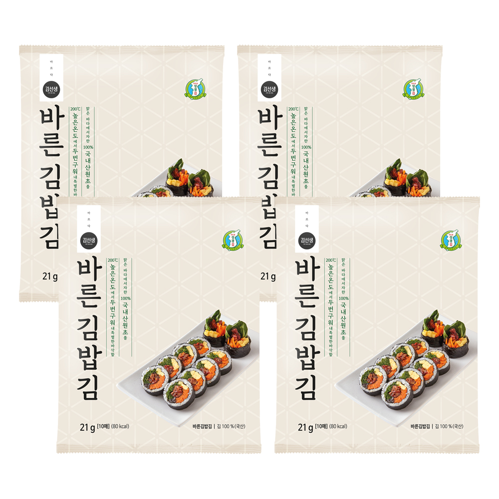 [성경김본사] 바르다김선생 바른 김밥김(10매) 21g, 4개 : 주식회사 성경식품