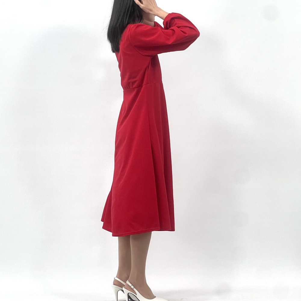 봄 가을 플레어 A라인 퍼프소매 롱 원피스 : 엘로힘-엘텍