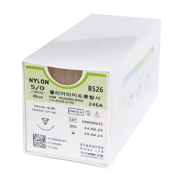 [우리메디칼] 블루나일론 5/0호 (니들15mm, 3/8 각침, 실길이 45cm) B526 - 수술용실/봉합사(24개입/BOX) : 닥터메디